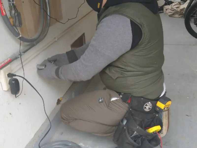 Electrician performing outlet wiring in a Homewood garage
